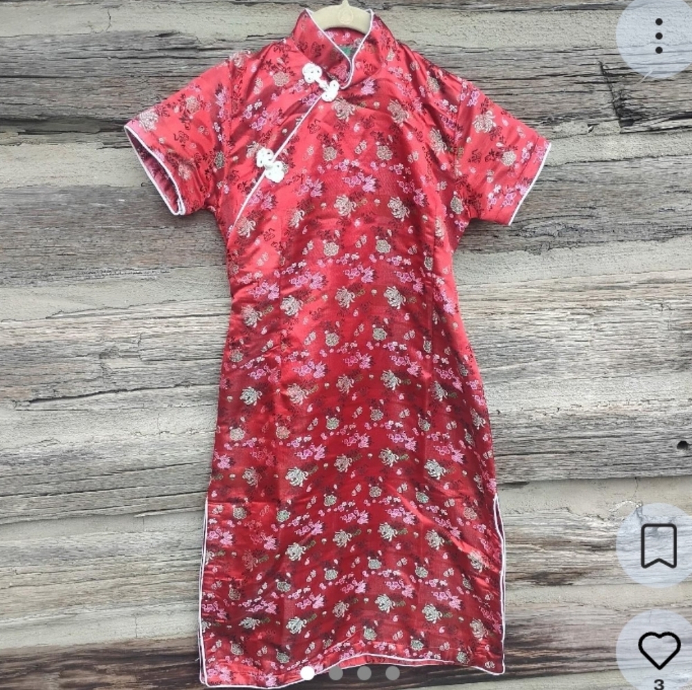 Red Silk Cheongsam Dress Size XS - Red Silk Dress - Chinese Silk Dress